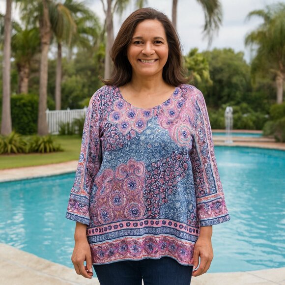 Chico's Tops - Chico's Tile Print Kimono-Sleeve Blouse Size 1 (Medium). V neck and bell sleeves